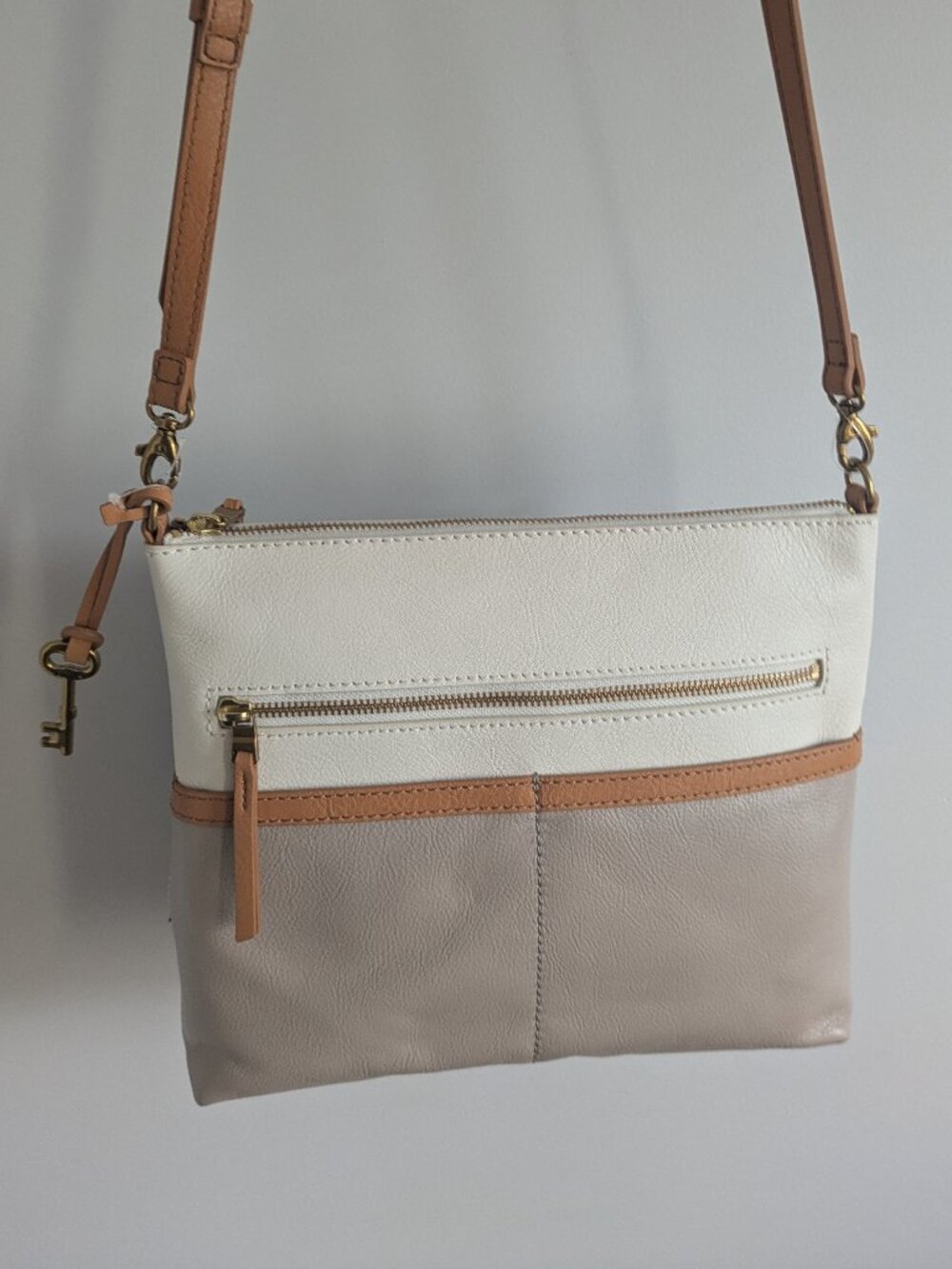 Fossil Leather Fiona Large Crossbody Bag | Grey/White/Tan/Gold hardware | NWT